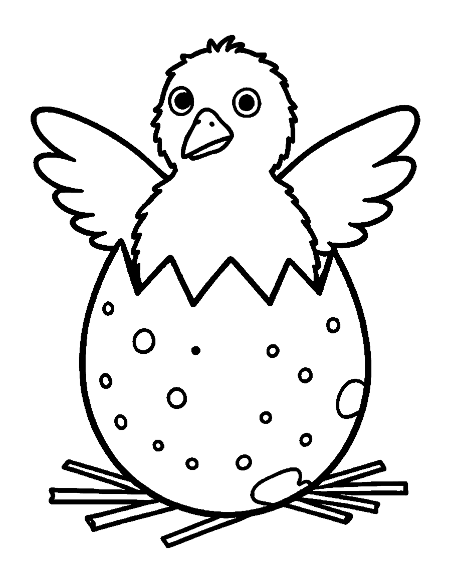 Line drawing of a fluffy baby turkey hatching out of a speckled egg