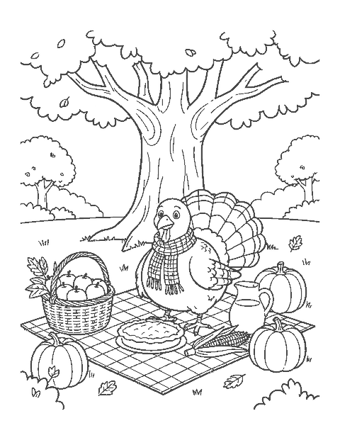 Line drawing of a cartoon turkey setting out a pumpkin pie on a picnic blanket under an oak tree
