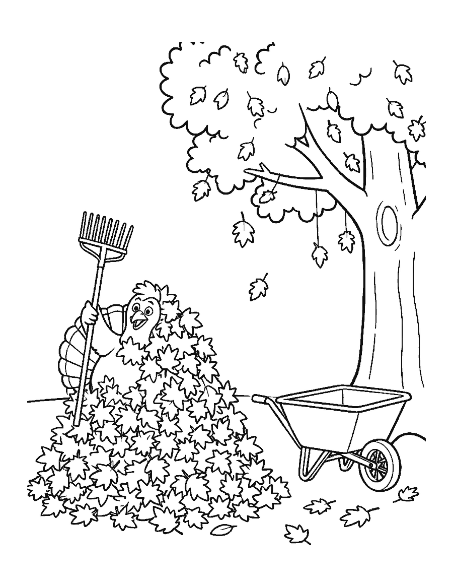 Line drawing of a cartoon turkey raking a pile of autumn leaves