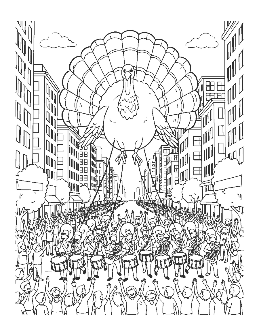 Line drawing of a giant turkey balloon above a parade and marching band