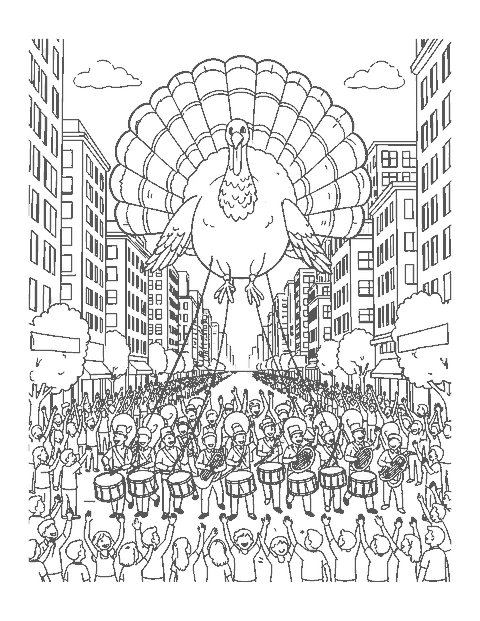 Line drawing of a giant turkey balloon above a parade and marching band