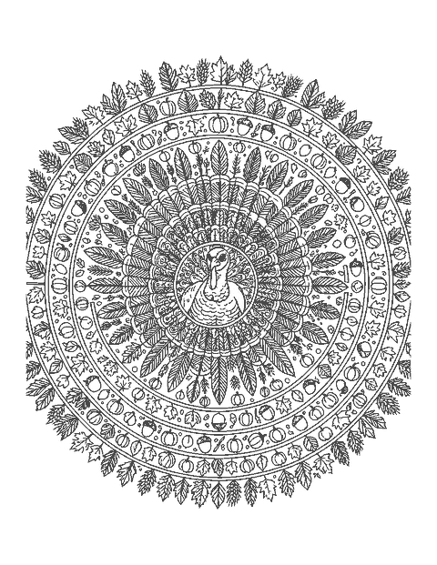 Line drawing of a round harvest mandala with a turkey in the middle