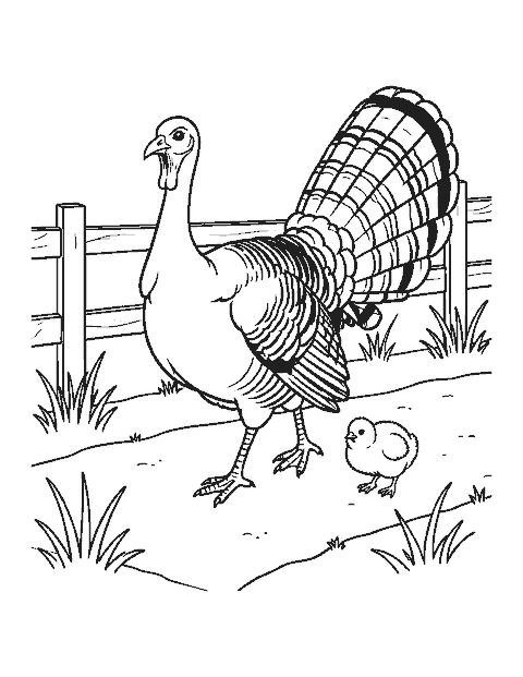 Line drawing of a mother turkey walking along a dirt path with a fluffy baby poult behind her