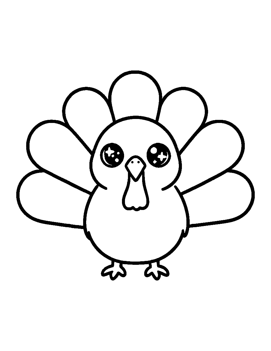 Line drawing of a cute chibi turkey with big eyes and a fan of big rounded tail feathers