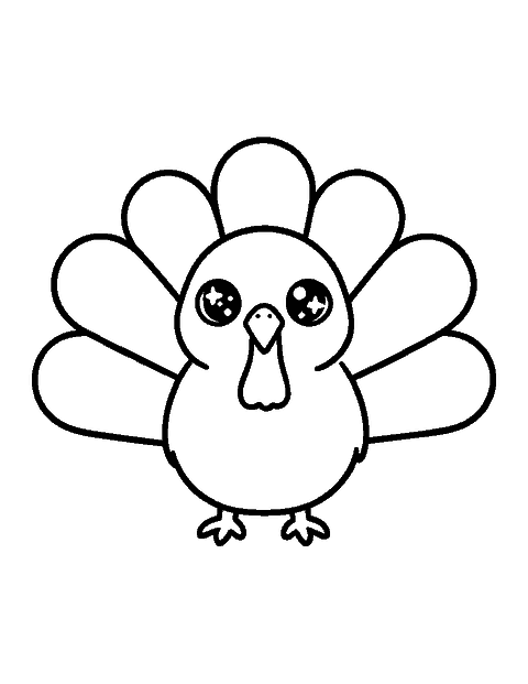 Line drawing of a cute chibi turkey with big eyes and a fan of big rounded tail feathers