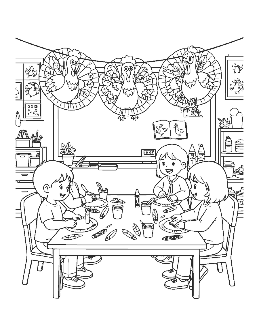 Line drawing of children making paper plate turkeys at a craft table