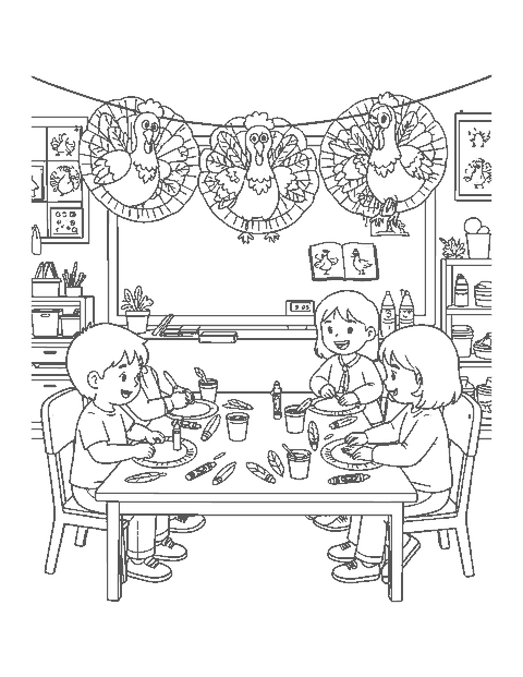 Line drawing of children making paper plate turkeys at a craft table