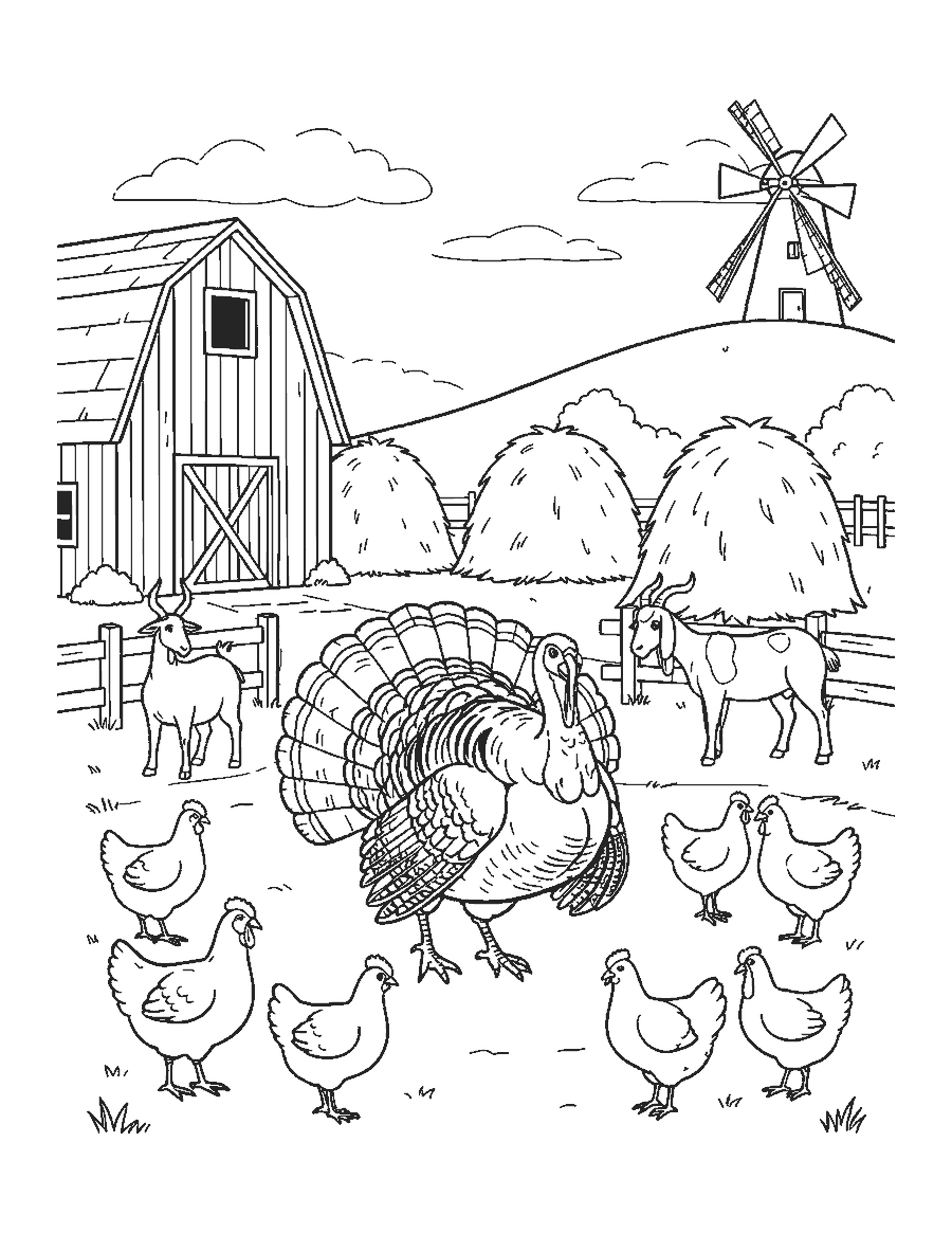 Line drawing of a turkey strutting in a farmyard with chickens, a goat and a barn