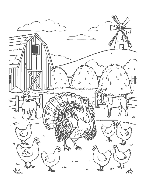 Line drawing of a turkey strutting in a farmyard with chickens, a goat and a barn