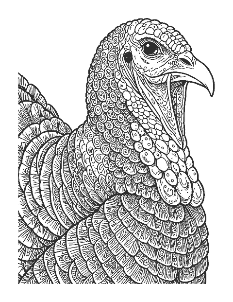 Line drawing close-up of a wild turkey's head with snood, wattle and feathers