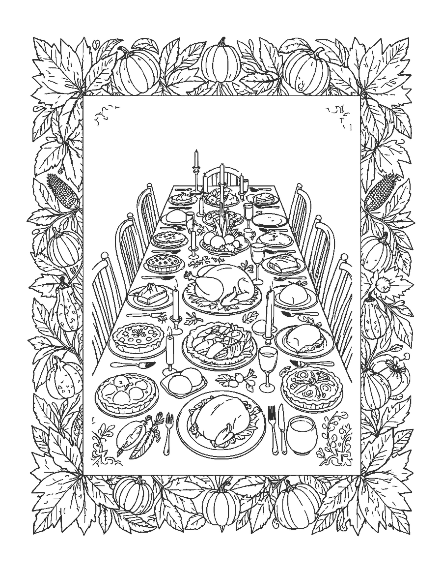 Line drawing of a Thanksgiving table with turkey and pies inside a leafy border