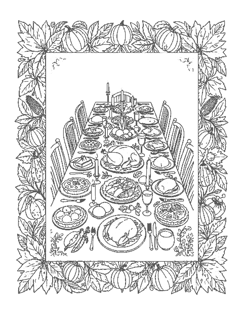 Line drawing of a Thanksgiving table with turkey and pies inside a leafy border
