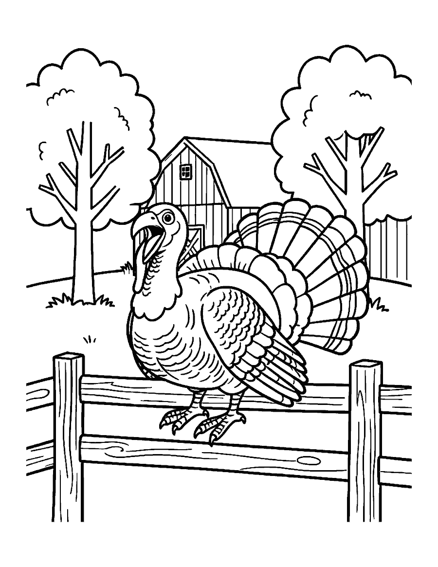 Line drawing of a turkey gobbling on a fence with a barn and trees behind