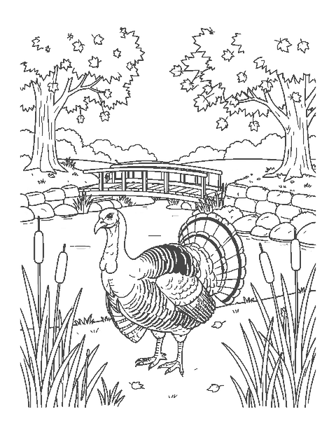 Line drawing of a tom turkey strutting by a pond with cattails, a footbridge and maple trees