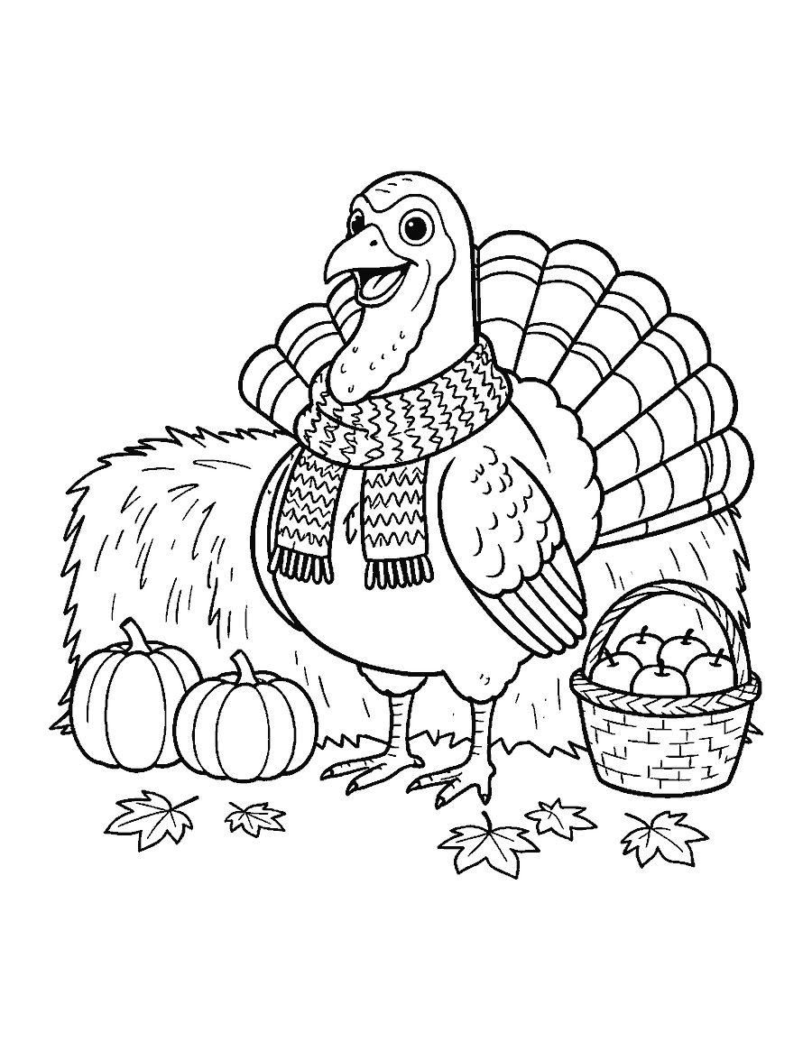 Line drawing of a turkey in a scarf next to a hay bale, pumpkins and apples
