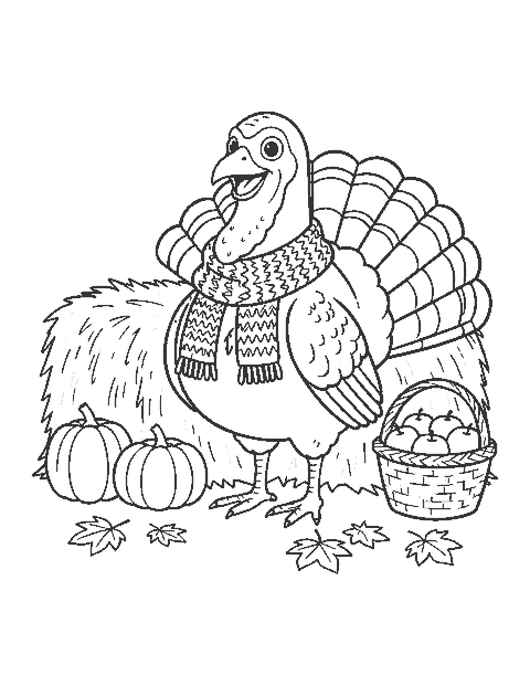 Line drawing of a turkey in a scarf next to a hay bale, pumpkins and apples