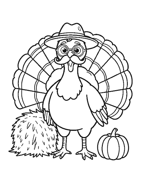 Line drawing of a turkey disguised with a fake mustache, glasses and a straw hat by a hay bale