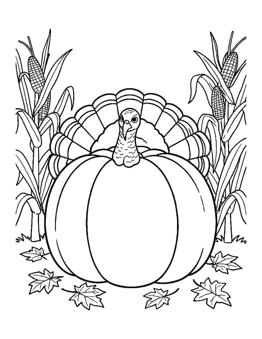 Line drawing of a turkey peeking over a giant pumpkin with corn stalks and fallen leaves