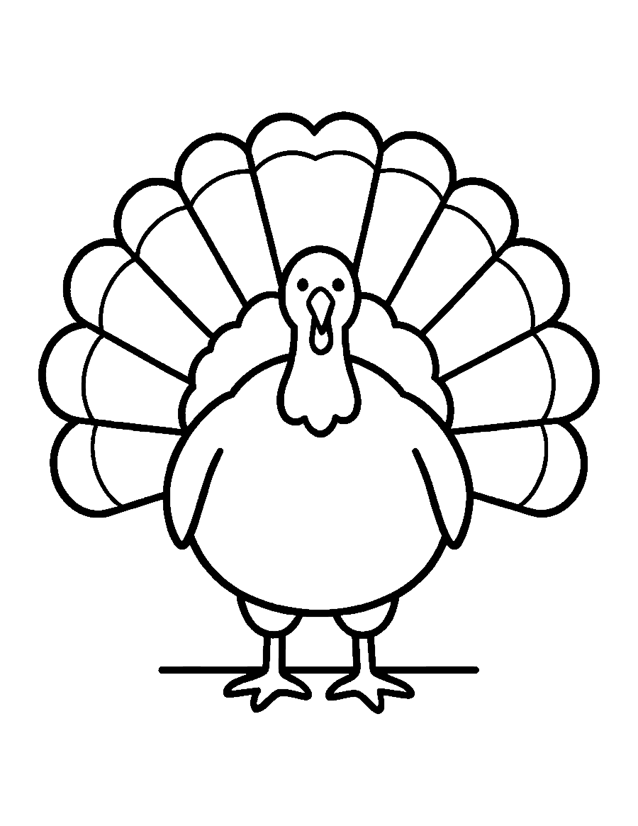 Line drawing of a plump turkey with a big fanned tail facing forward