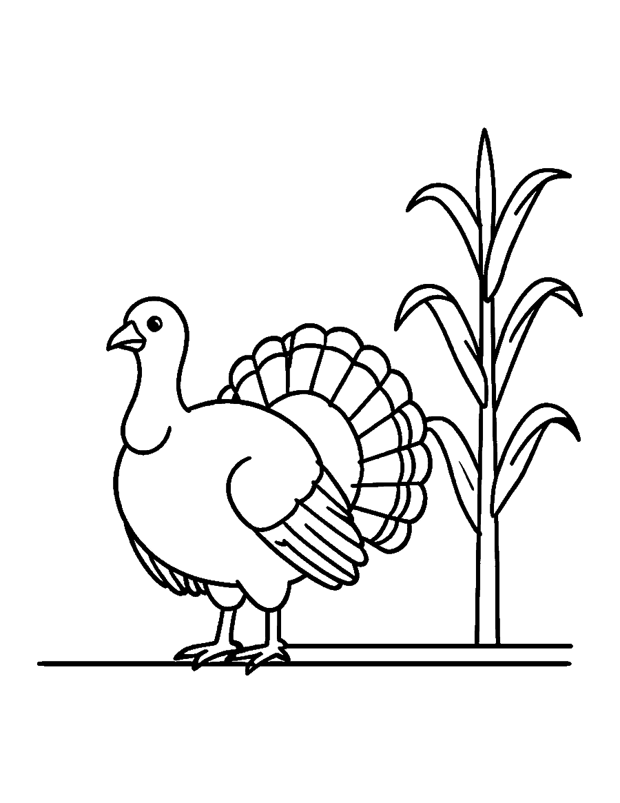 Line drawing of a turkey walking in side view next to a corn stalk