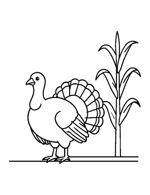 Line drawing of a turkey walking in side view next to a corn stalk