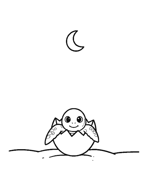 Line drawing of a tiny sea turtle hatchling crawling out of its cracked egg on the sand under a crescent moon