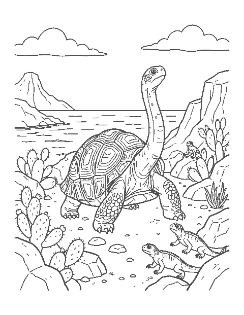 Line drawing of a giant tortoise eating cactus on a rocky island with iguanas