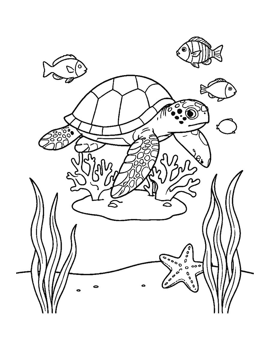 Line drawing of a sea turtle swimming over coral with fish and a starfish