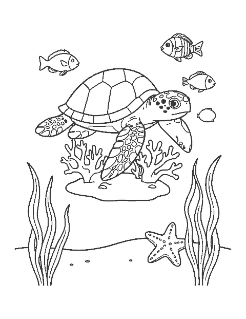 Line drawing of a sea turtle swimming over coral with fish and a starfish