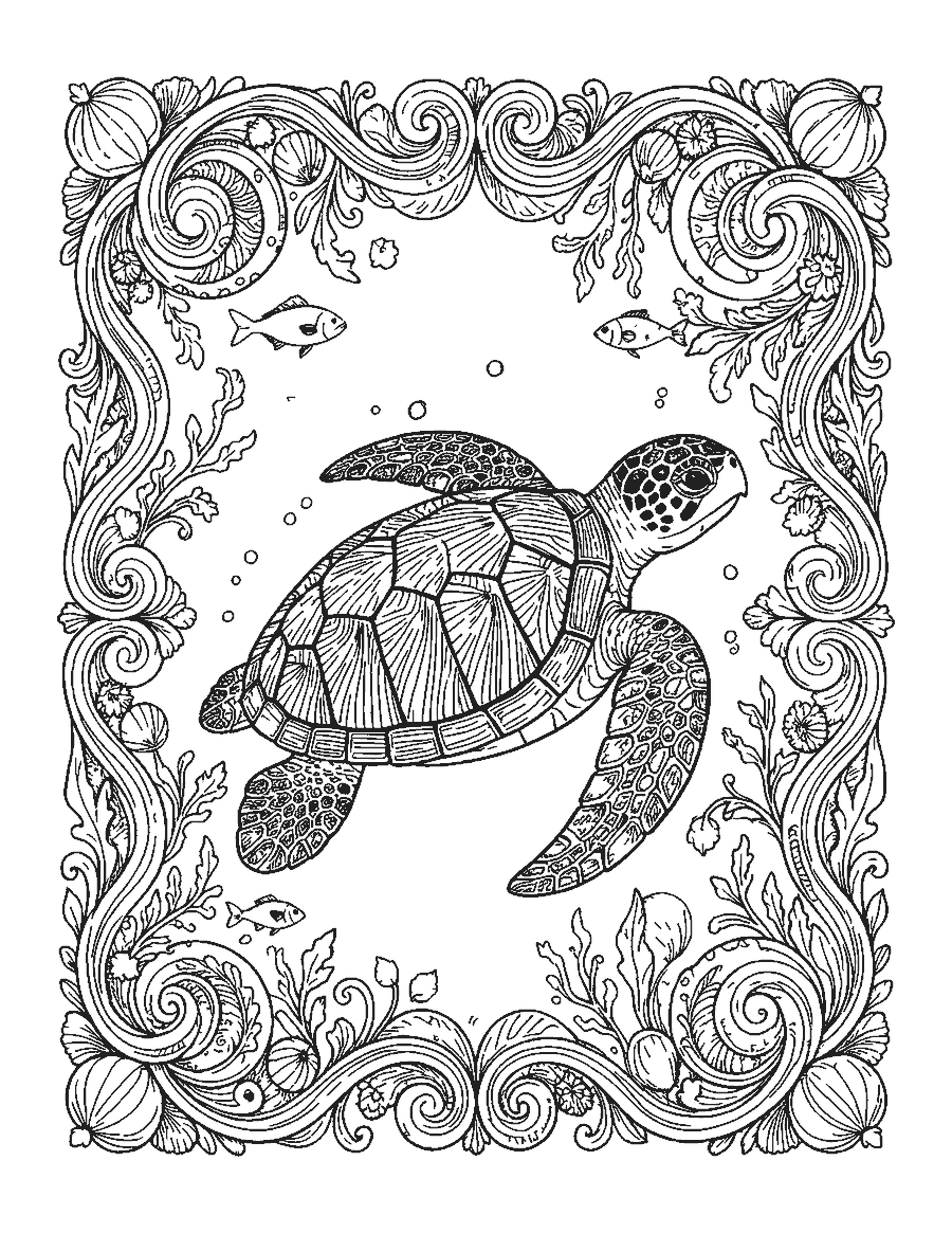 Line drawing of a hawksbill turtle inside a decorative border of waves and shells