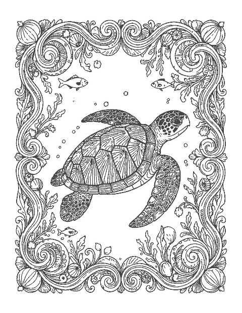Line drawing of a hawksbill turtle inside a decorative border of waves and shells