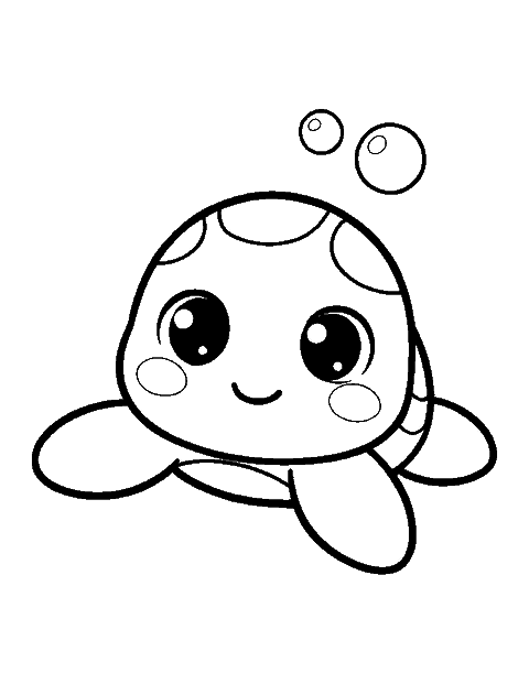 Line drawing of a cute chibi baby sea turtle swimming with four little flippers