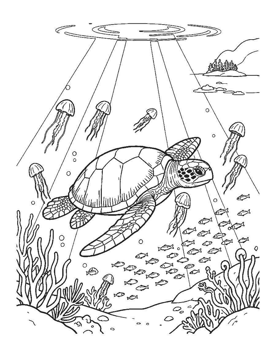 Line drawing of a leatherback turtle swimming among jellyfish in open water