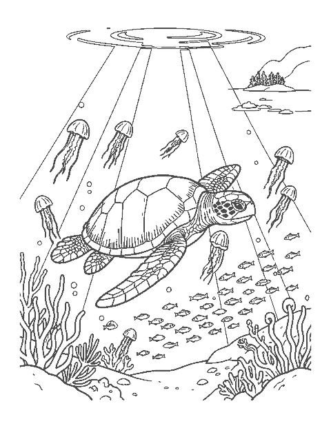 Line drawing of a leatherback turtle swimming among jellyfish in open water