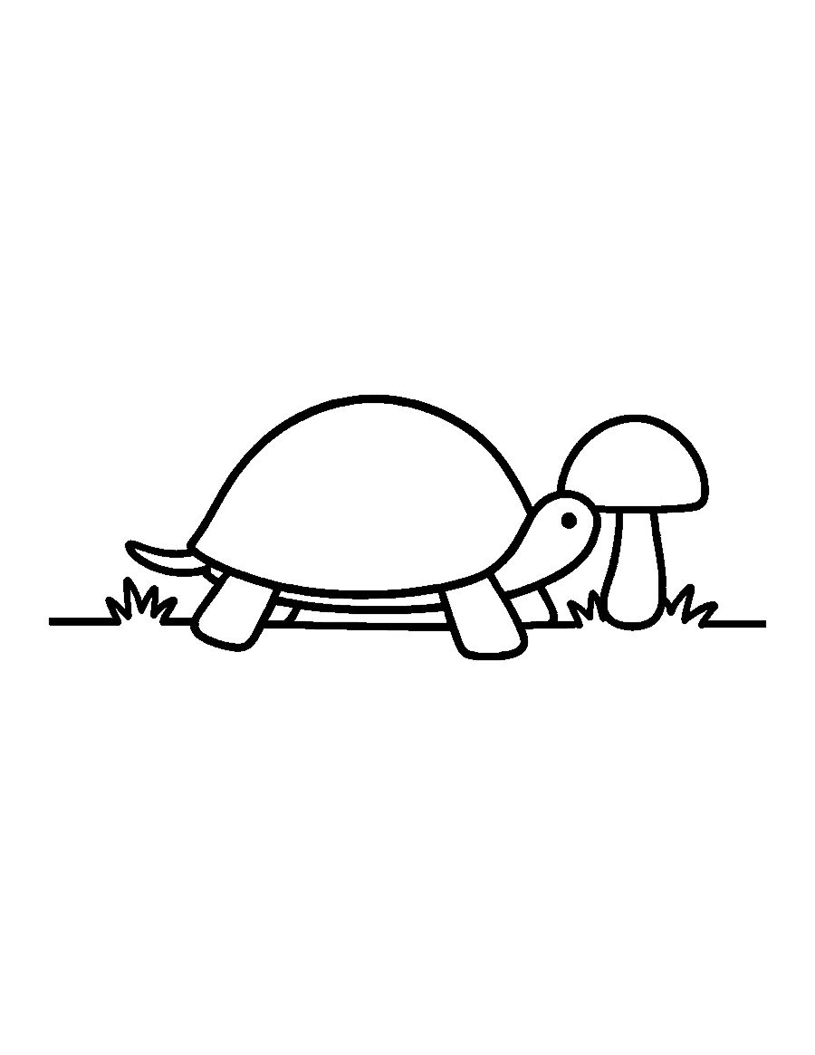 Line drawing of a box turtle with a domed shell walking beside a mushroom
