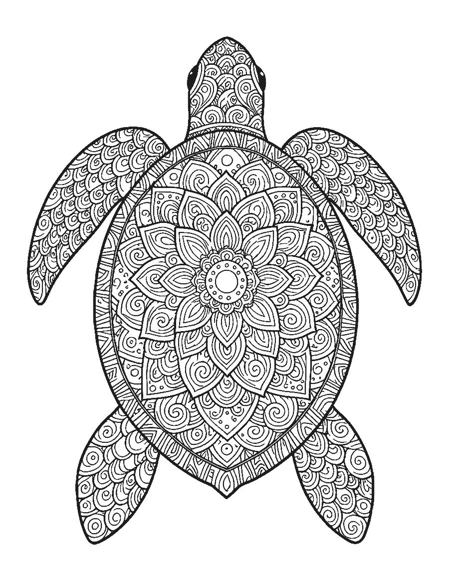 Line drawing of a sea turtle from above with a mandala-patterned shell