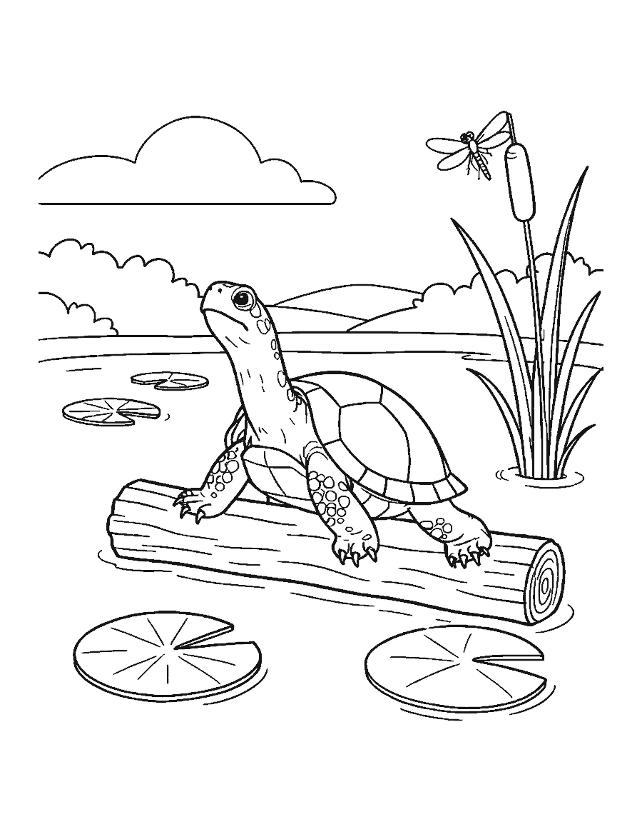 Line drawing of a turtle sunning itself on a log in a pond with lily pads
