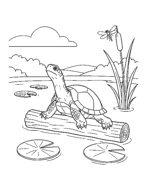 Line drawing of a turtle sunning itself on a log in a pond with lily pads