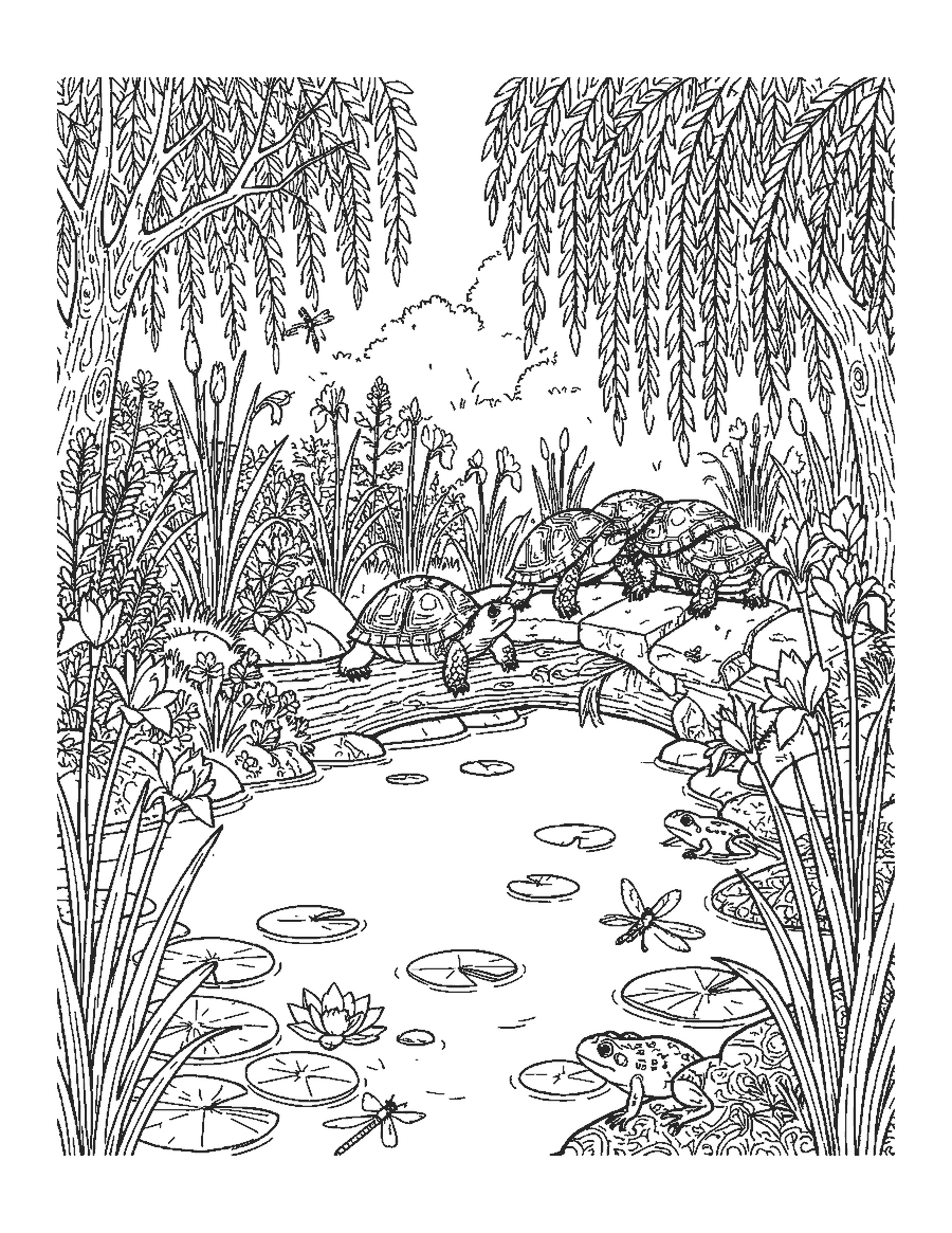 Line drawing of three turtles on a log in a detailed lily pond with a stone bridge