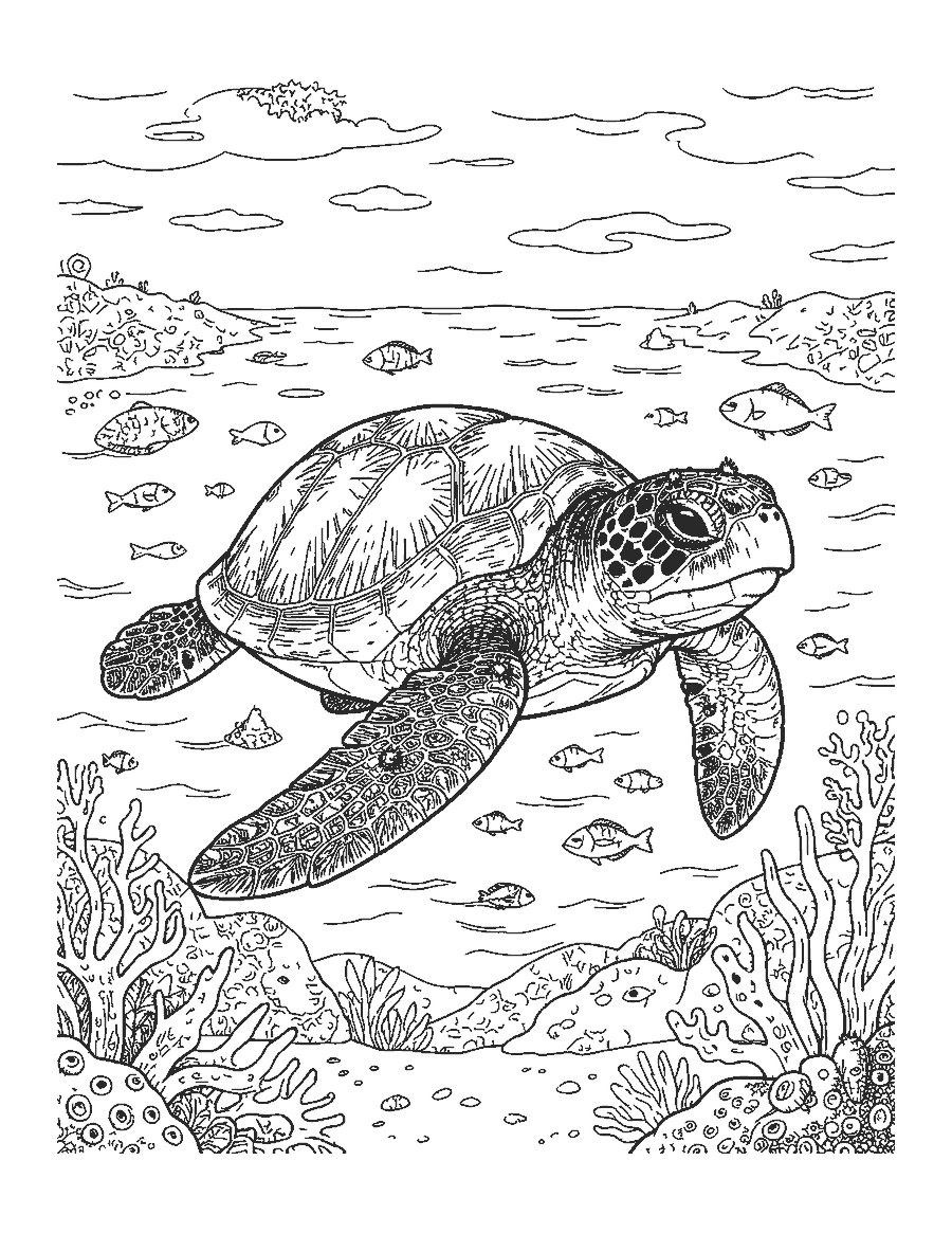 Line drawing of a realistic loggerhead sea turtle with a large head, scaly flippers and barnacles