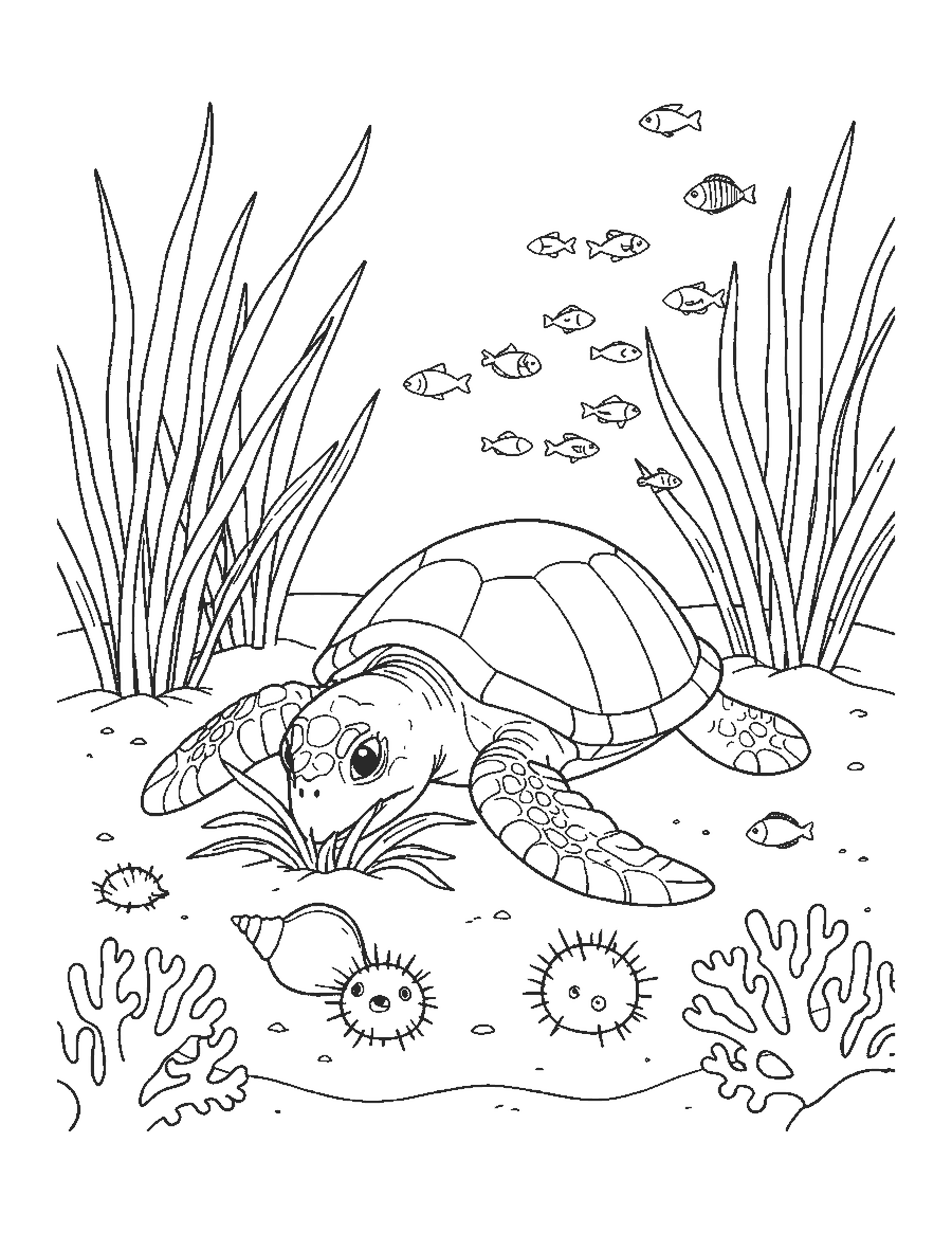 Line drawing of a green sea turtle eating seagrass on the sea floor with a conch shell and fish