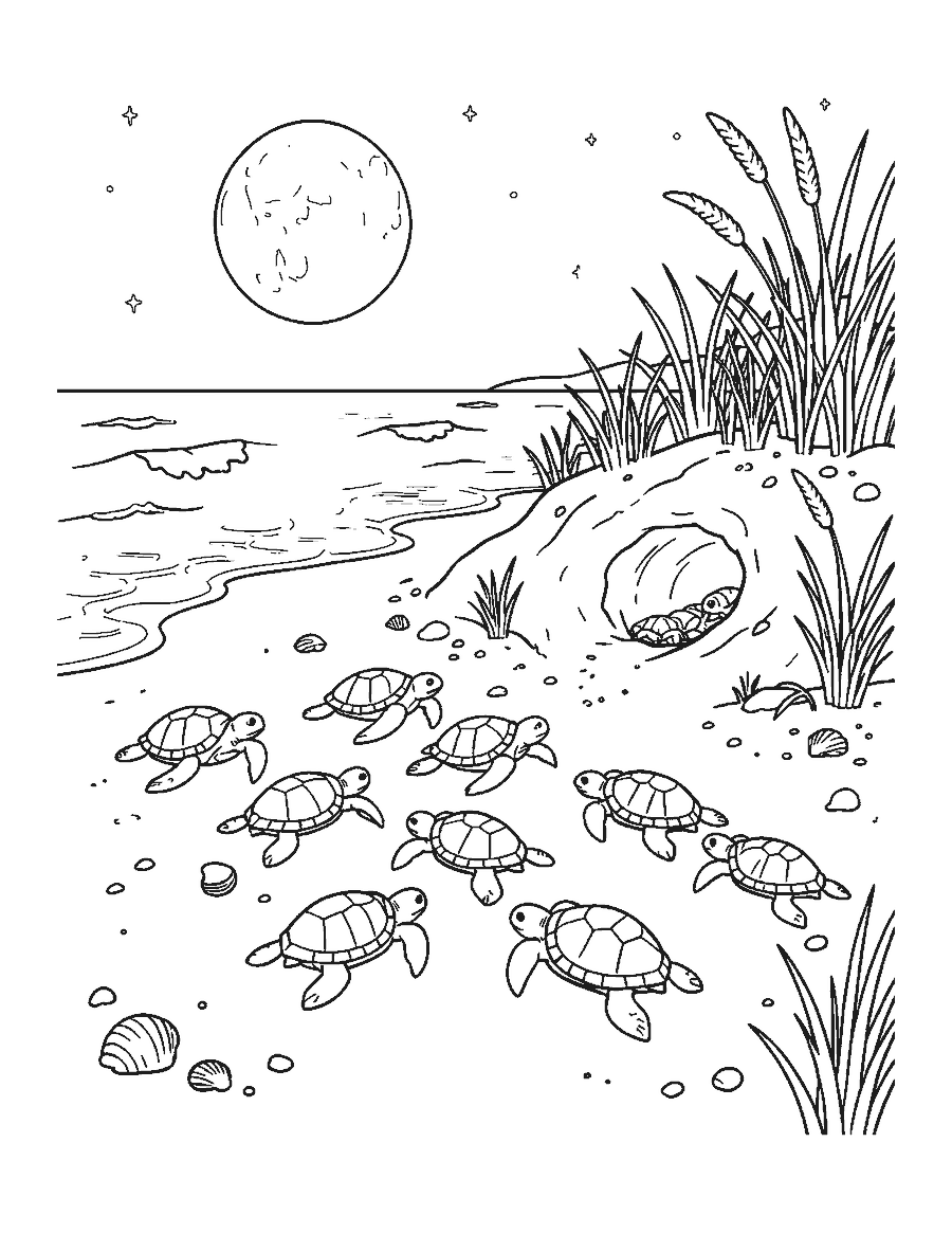 Line drawing of baby sea turtles crawling across a moonlit beach to the sea