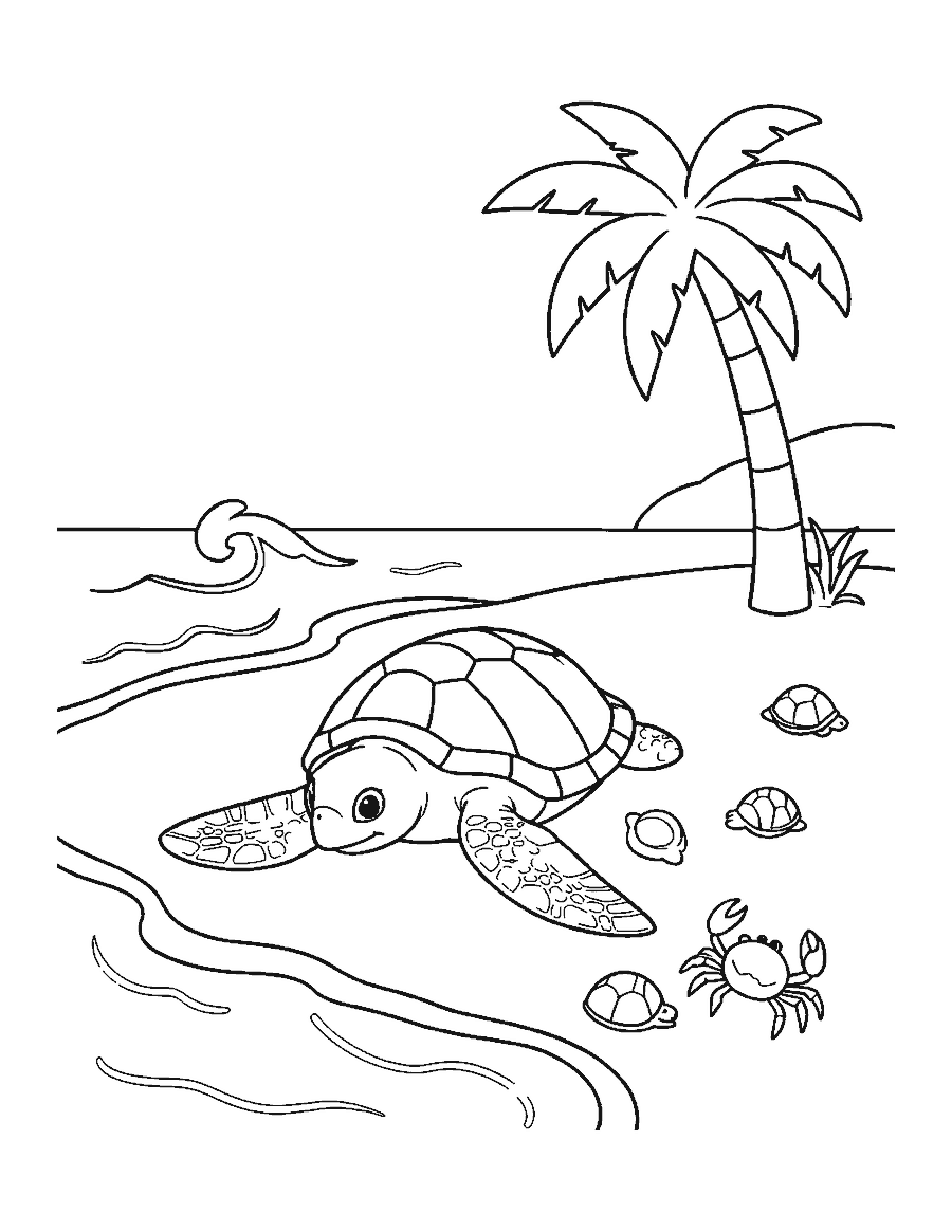 Line drawing of a green sea turtle resting on a beach with shells, a crab and a palm tree