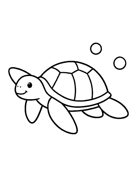 Line drawing of a smiling sea turtle swimming with its flippers spread out