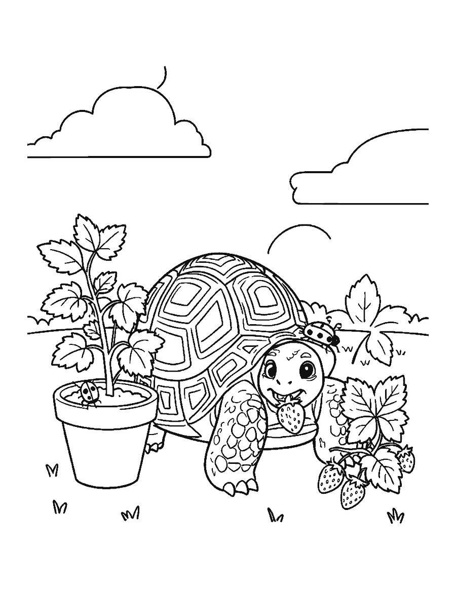Line drawing of a tortoise eating a strawberry next to a flower pot