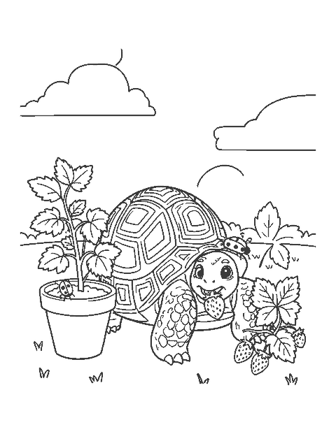 Line drawing of a tortoise eating a strawberry next to a flower pot