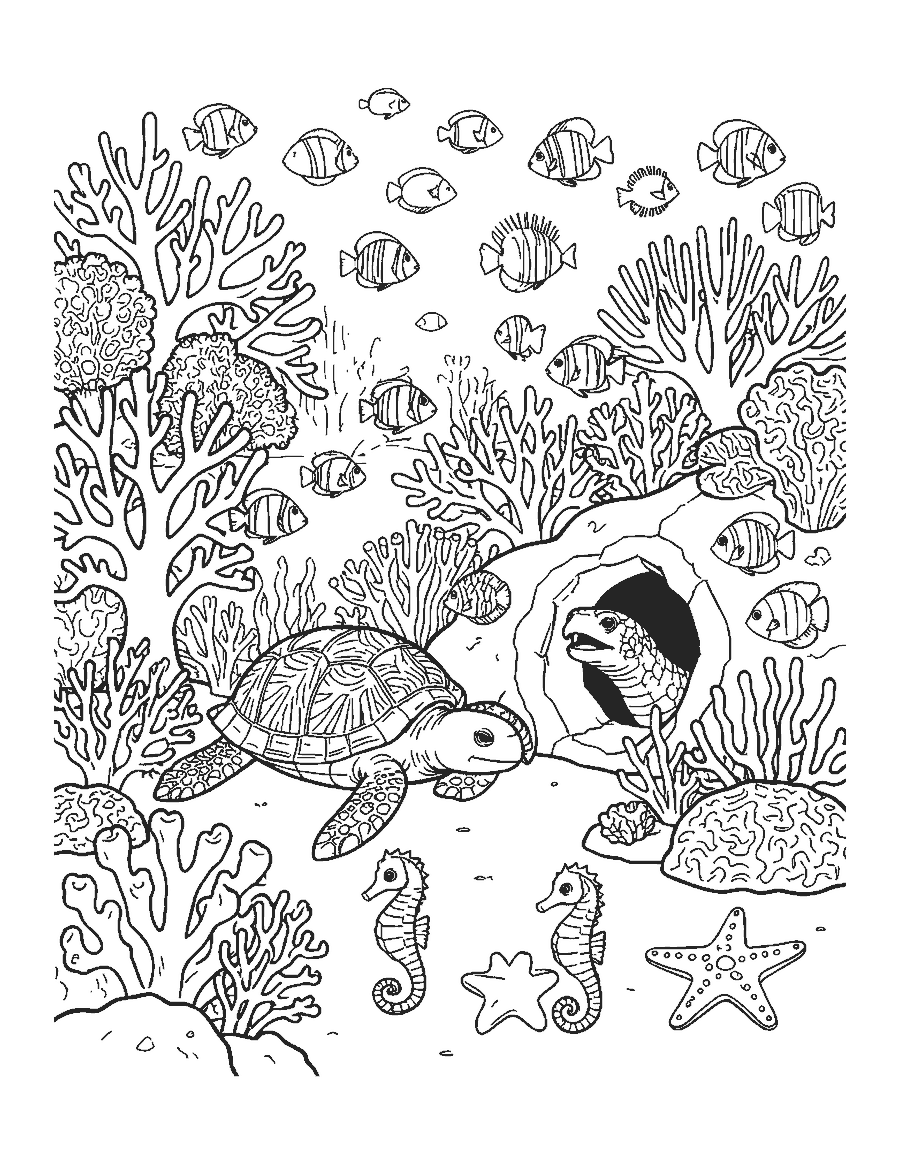 Line drawing of a busy coral reef with fish, a turtle, an eel and seahorses