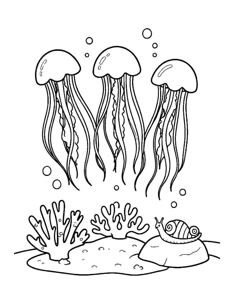 Line drawing of three jellyfish floating above coral with a sea snail on a rock