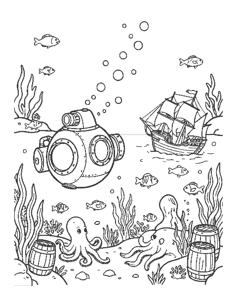 Line drawing of a small submarine exploring a sunken ship with fish and an octopus