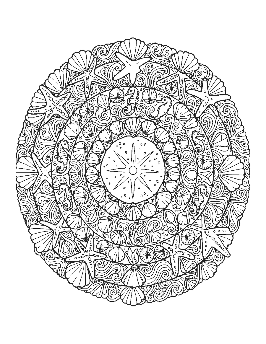 Line drawing of a round mandala made of shells, starfish, seahorses and waves
